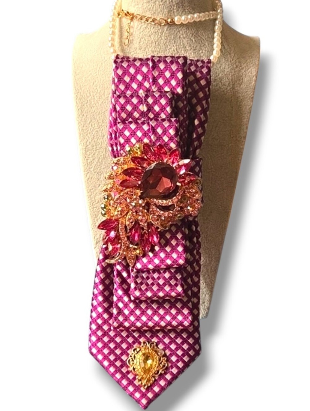 3/$60 Purple and Yellow Patterned Cravat with Ornate Gem Brooch